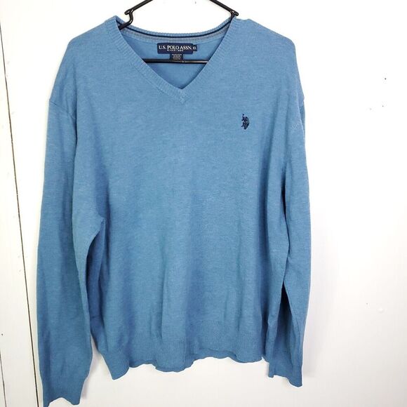 US Polo Assn Sweater Mens XXL Blue Horse Logo Ribbed Trim Preppy Office Soft - Picture 1 of 9